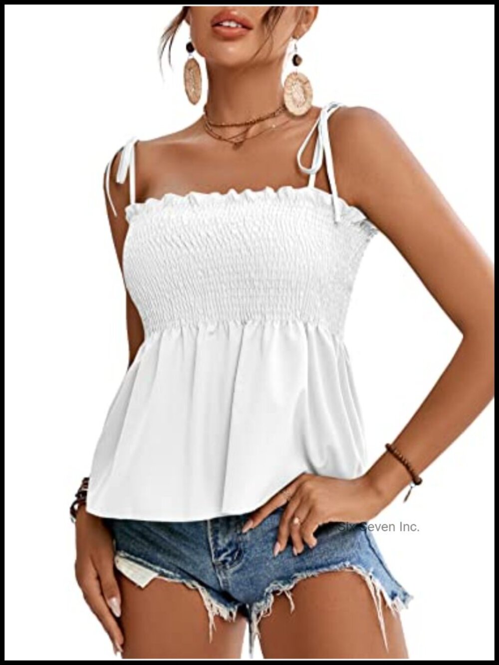 Tie Shoulder Smocked Cami Peplum Top Ruffle Sleeveless Blouse